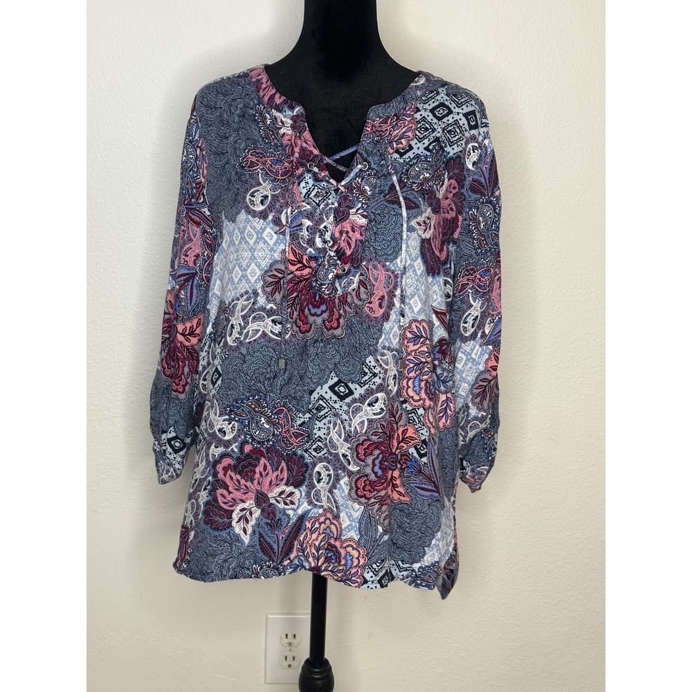 Ruby Rd Women's Floral Paisley Print 3/4 Sleeve Lace Up‎ Blouse Top